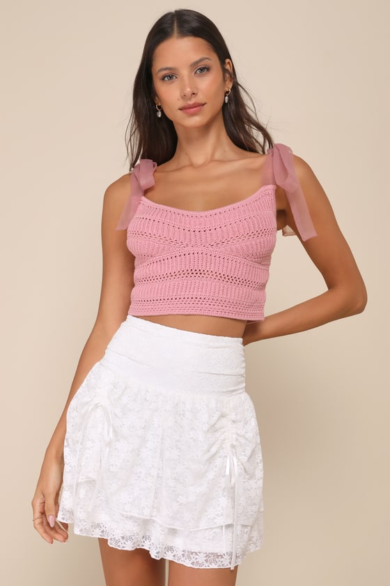 Lulus Delightful Sweetness Ivory Lace Ruched Drop Waist Mini Skirt In Ivory