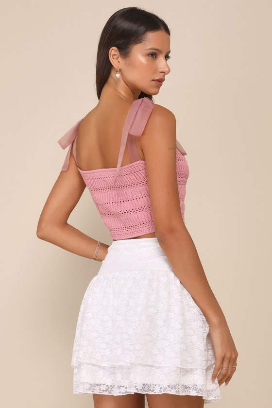 Delightful Sweetness Ivory Lace Ruched Drop Waist Mini Skirt 5