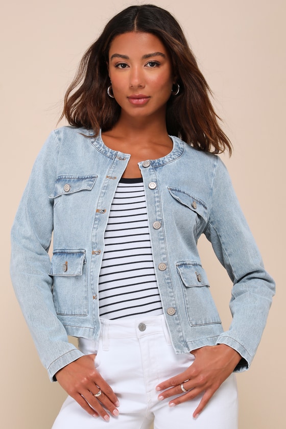 Delightful Energy Light Wash Collarless Button Up Denim Jacket