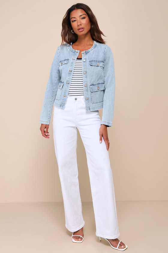Delightful Energy Light Wash Collarless Button Up Denim Jacket