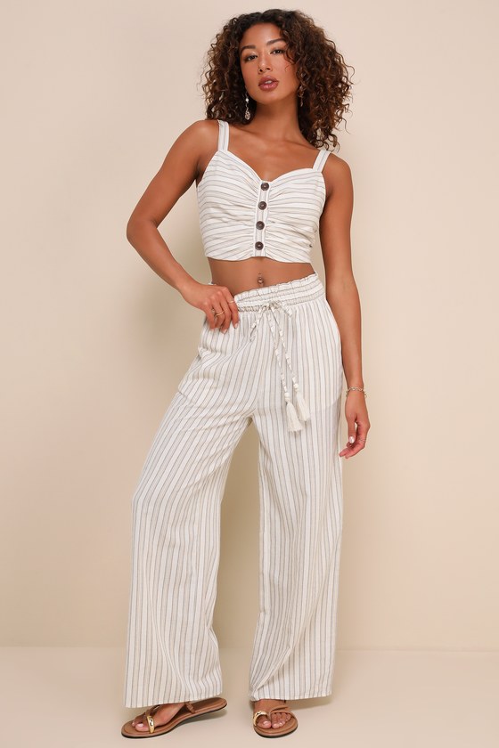 Beige Multi Striped Pants - Smocked Waist Pants - Wide-Leg