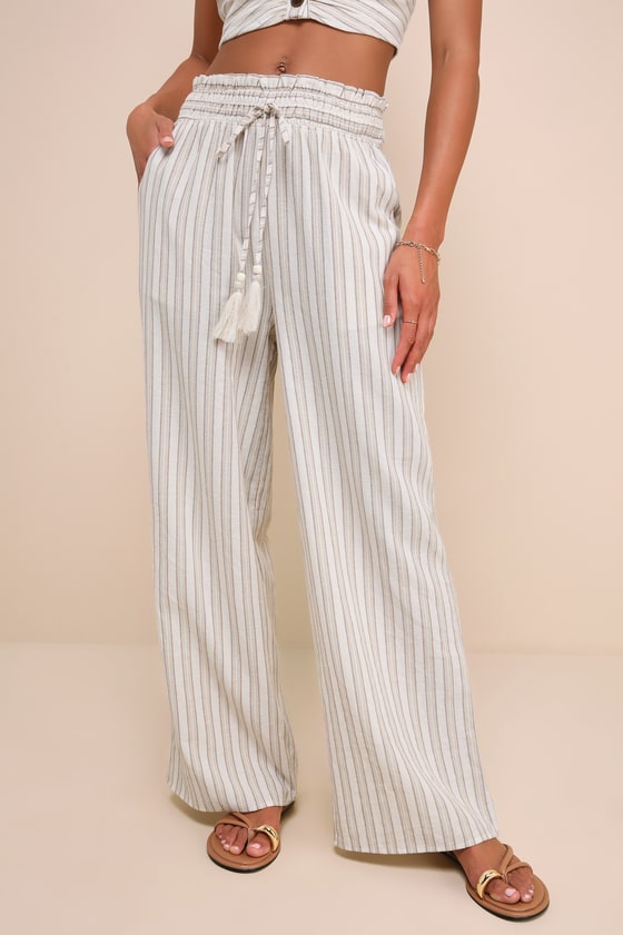 Endless Leisure Beige Multi Striped Smocked Waist Wide-Leg Pants 2