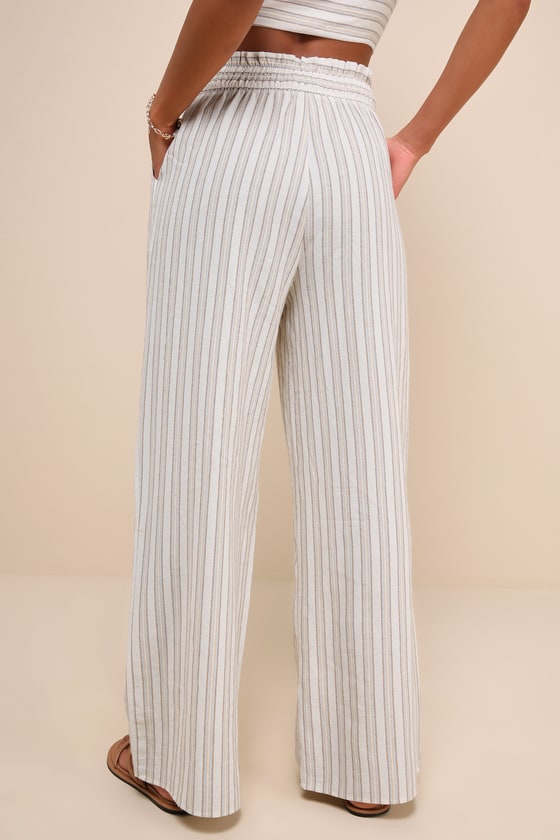 Beige Multi Striped Pants - Smocked Waist Pants - Wide-Leg