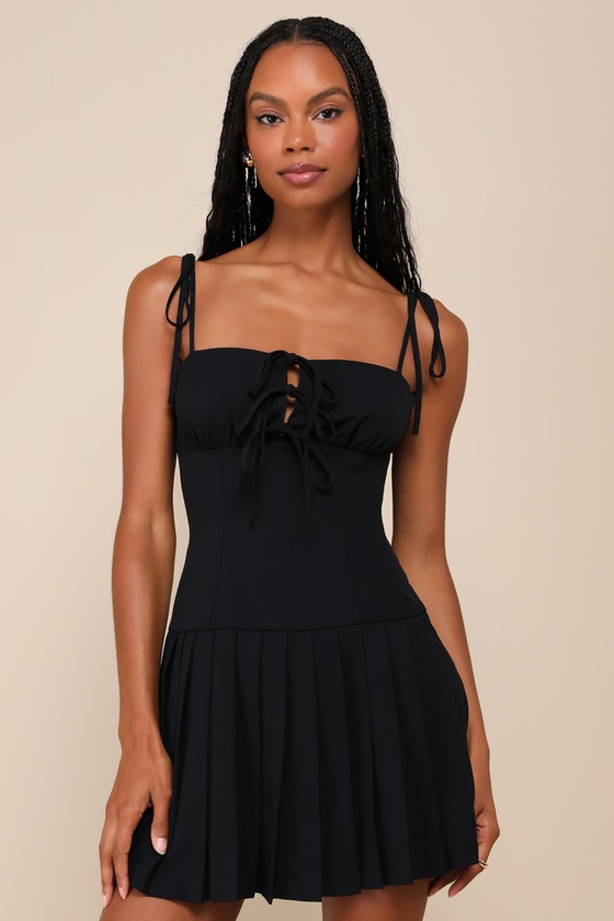 Dark Navy Mini Dress - Drop Waist Dress - Pleated Tie-Strap Dress