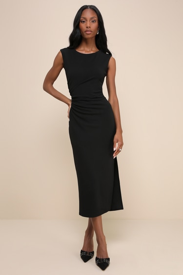 Irresistible Status Black Boat Neck Ruched Midi Dress Irresistible Status Black Boat Neck Ruched Midi Dress
