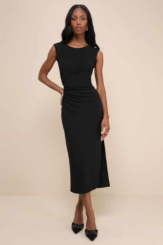 Irresistible Status Black Boat Neck Ruched Midi Dress 4