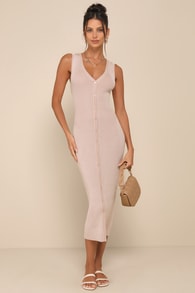 Positively Sophisticated Taupe Ribbed Button-Front Midi Dress 1