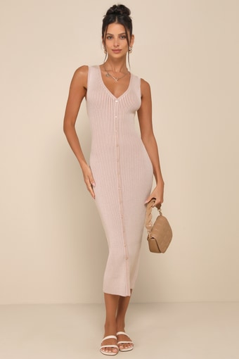 Positively Sophisticated Taupe Ribbed Button-Front Midi Dress 1