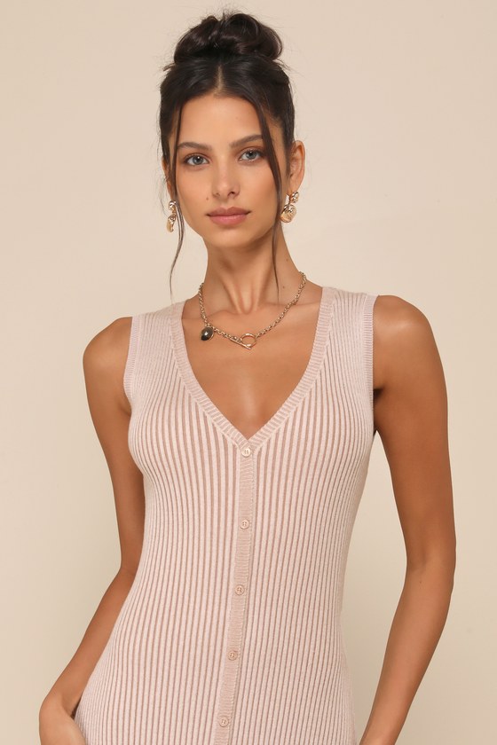 Lulus Positively Sophisticated Taupe Ribbed Button-front Midi Dress In Beige