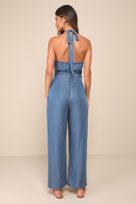 LULUS ALWAYS IMITATED BLUE CHAMBRAY HALTER WIDE-LEG JUMPSUIT