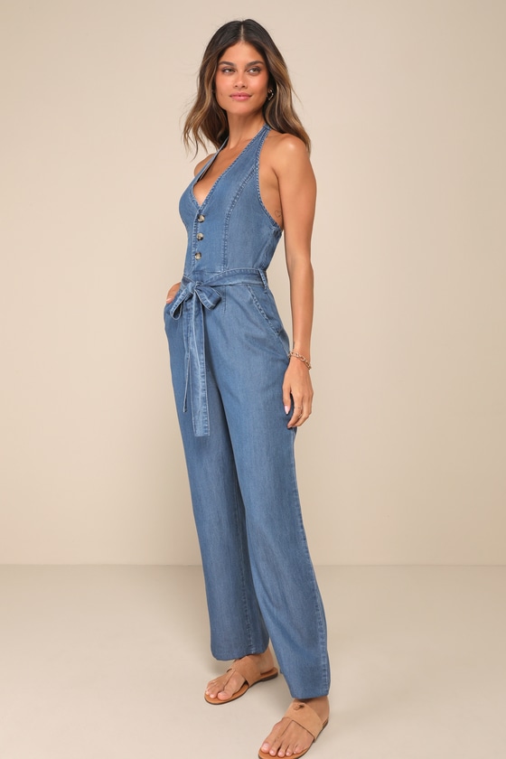 LULUS ALWAYS IMITATED BLUE CHAMBRAY HALTER WIDE-LEG JUMPSUIT