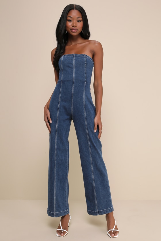 Pretty Iconic Medium Wash Denim Strapless Wide-Leg Jumpsuit 1