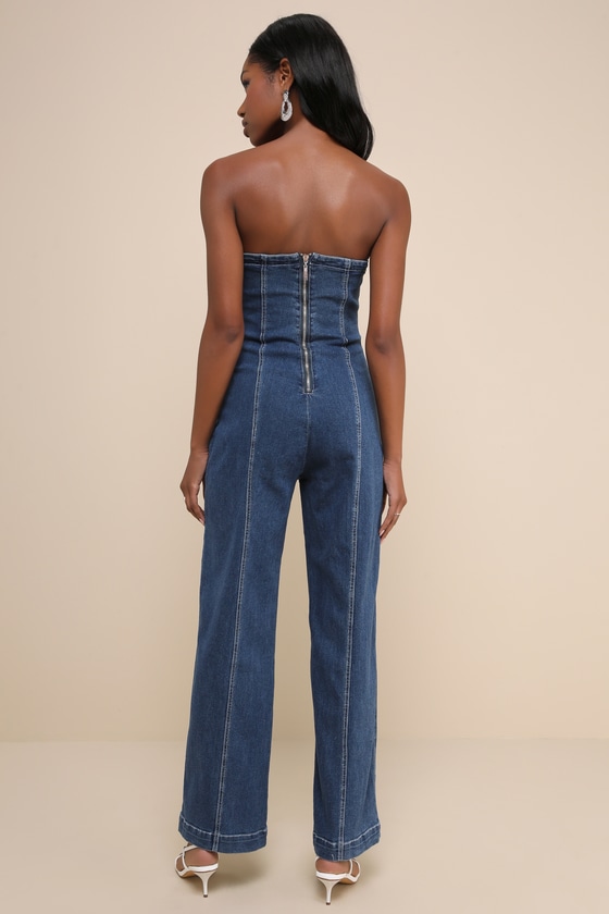 Pretty Iconic Medium Wash Denim Strapless Wide-Leg Jumpsuit 3