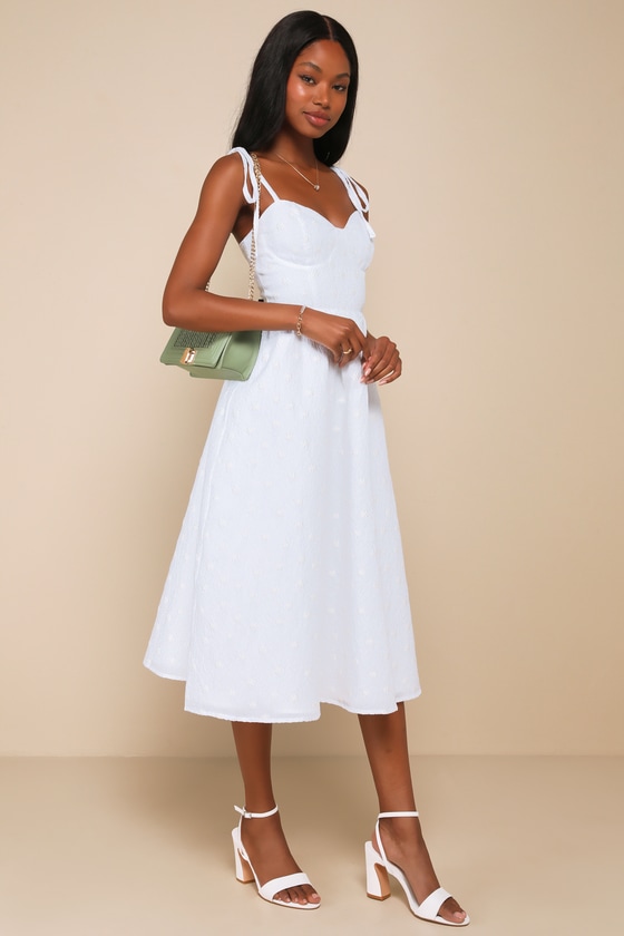 White Midi Dress - Floral Jacquard Dress - Tie-Strap Midi Dress - Lulus