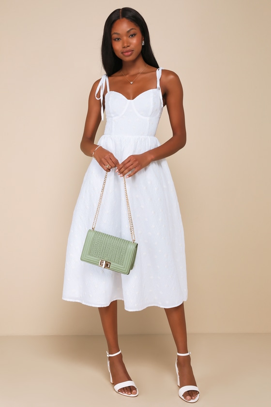 White Midi Dress - Floral Jacquard Dress - Tie-Strap Midi Dress - Lulus