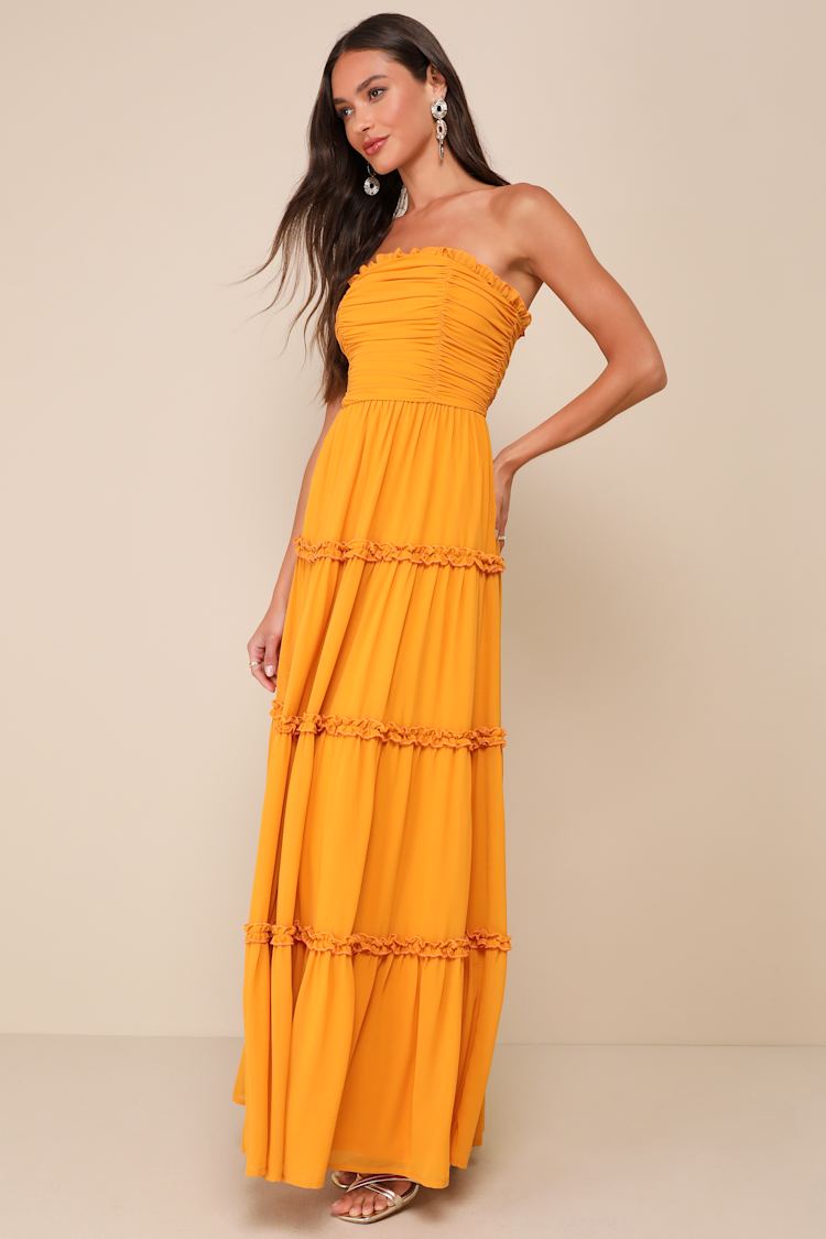 Extraordinary Aura Marigold Yellow Ruched Tiered Maxi Dress