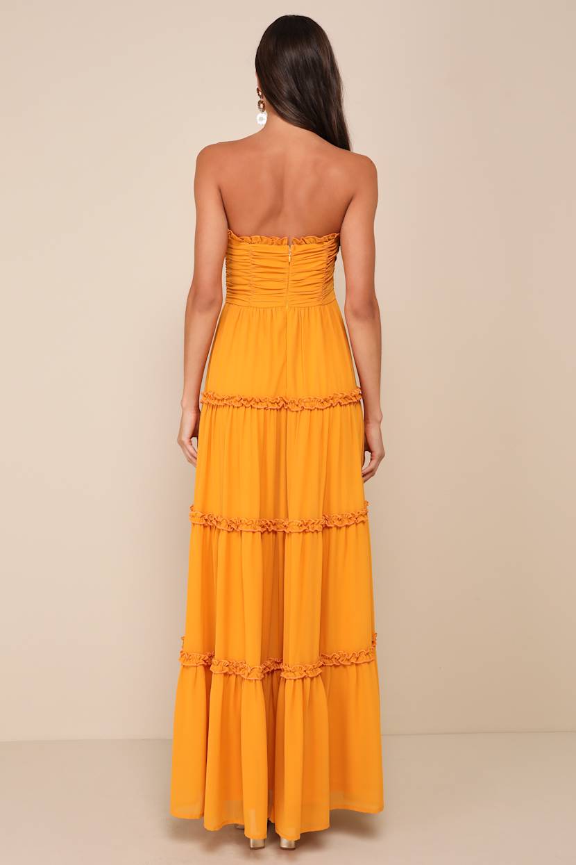 Extraordinary Aura Marigold Yellow Ruched Tiered Maxi Dress