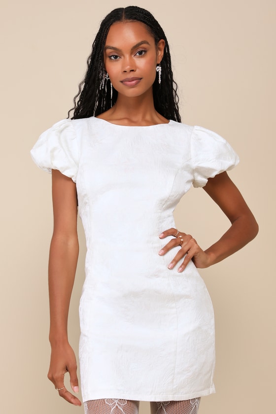 White Floral Jacquard Dress - Puff Sleeve Mini Dress - Dress