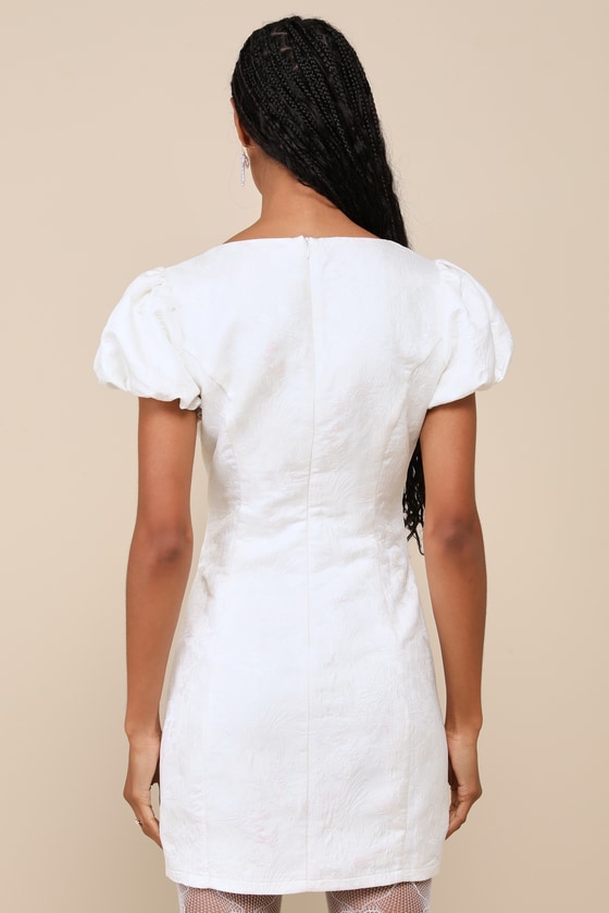 Lulus Exceptional Icon White Floral Jacquard Puff Sleeve Mini Dress In White
