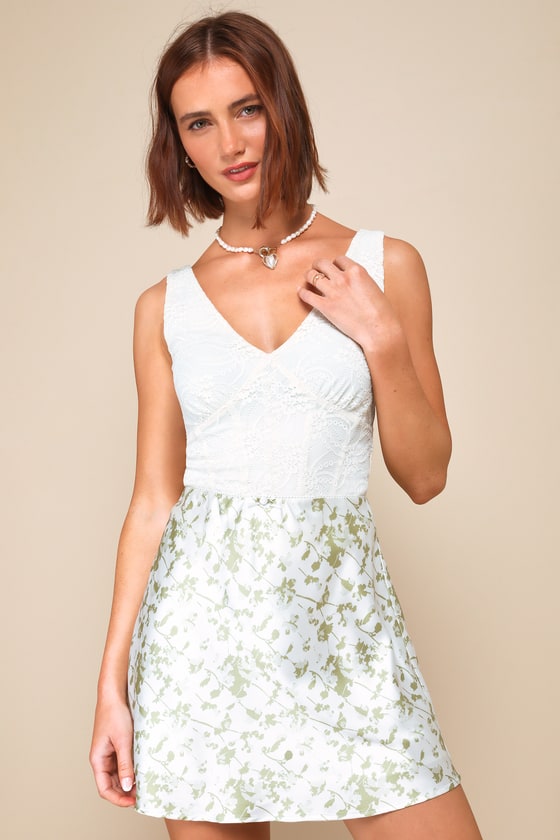 Lulus True Cutie Ivory And Green Floral Print Satin Mini Skirt In Ivory And Green