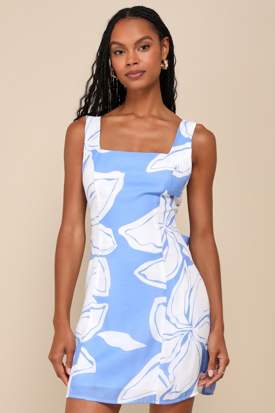 Lulus Deeply Sweet Blue And White Floral Tie-back Shift Mini Dress In Blue And White