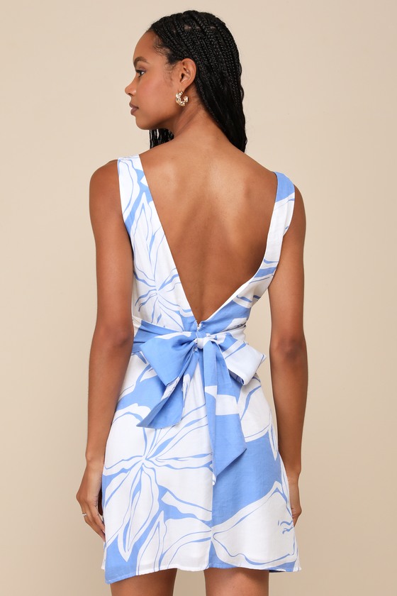 Lulus Deeply Sweet Blue And White Floral Tie-back Shift Mini Dress In Blue And White