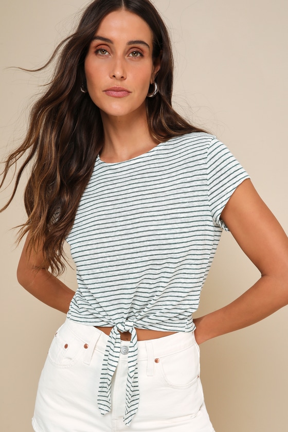 Lulus Casually Adorable Green And White Striped Tie-front Tee In Green And White
