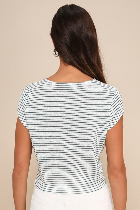 Lulus Casually Adorable Green And White Striped Tie-front Tee In Green And White