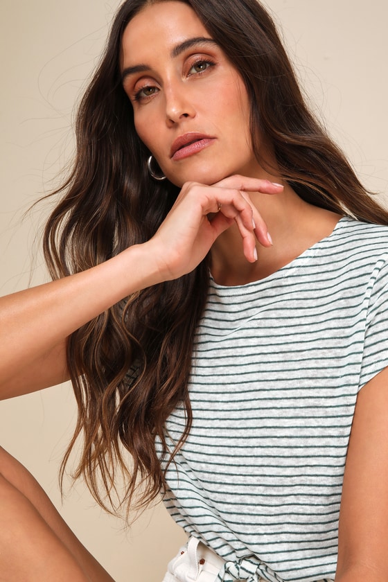Lulus Casually Adorable Green And White Striped Tie-front Tee In Green And White