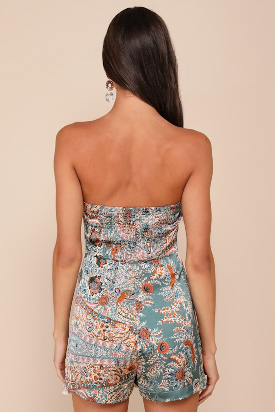 Lulus Bohemian Perfection Teal Boho Floral Strapless Tasseled Romper In Teal