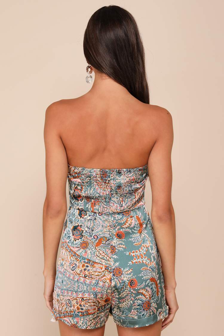 Bohemian Perfection Teal Boho Floral Strapless Tasseled Romper