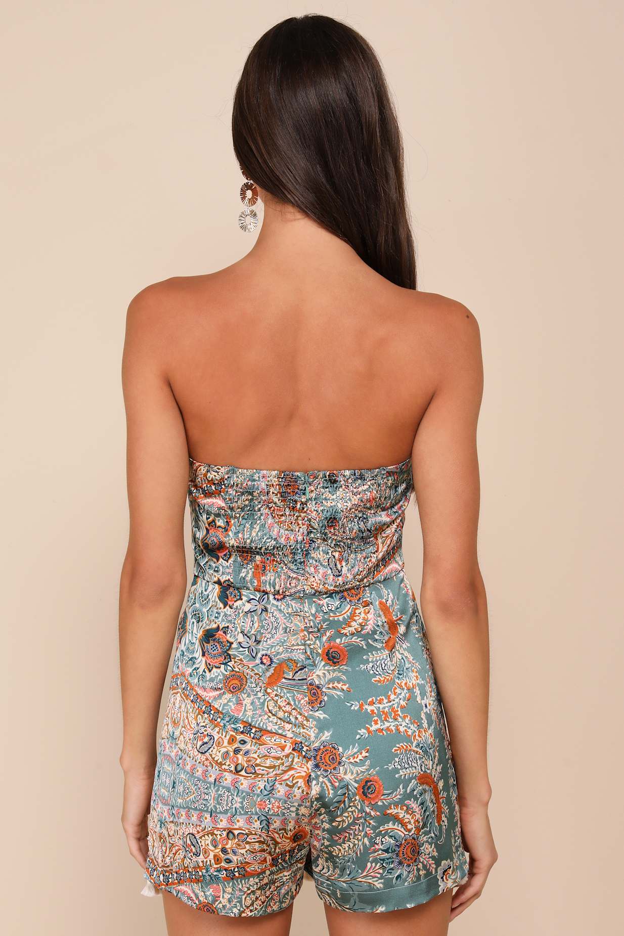 Bohemian Perfection Teal Boho Floral Strapless Tasseled Romper