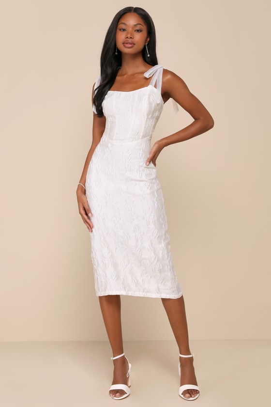 White Satin Jacquard Dress - Tie-Strap Dress - Column Midi Dress
