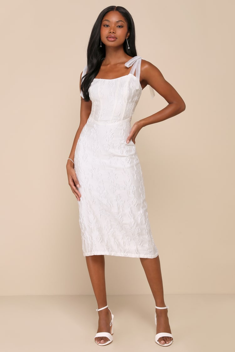 Gorgeous Persona White Satin Jacquard Tie-Strap Midi Dress Gorgeous Persona White Satin Jacquard Tie-Strap Midi Dress