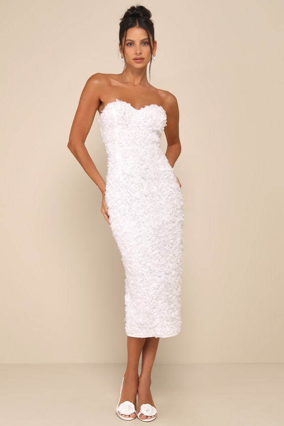 Lulus Gorgeous Mentality White 3d Floral Strapless Midi Dress In White
