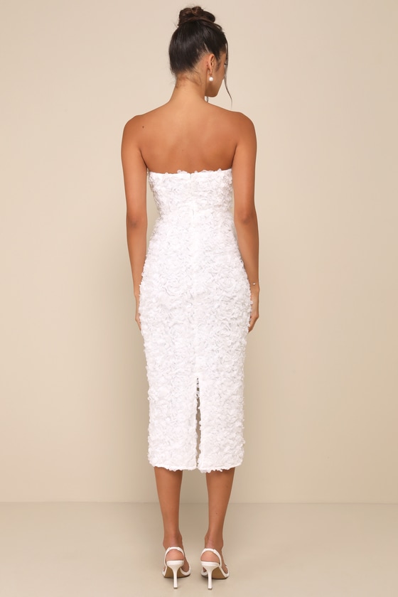 Lulus Gorgeous Mentality White 3d Floral Strapless Midi Dress In White