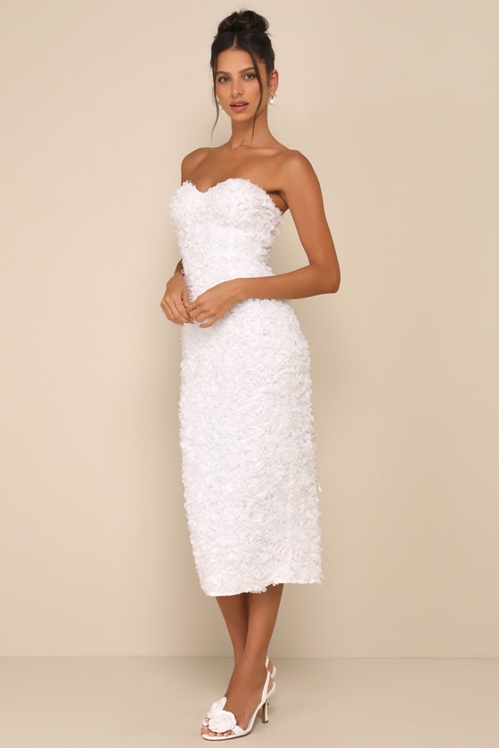 Lulus Gorgeous Mentality White 3d Floral Strapless Midi Dress In White