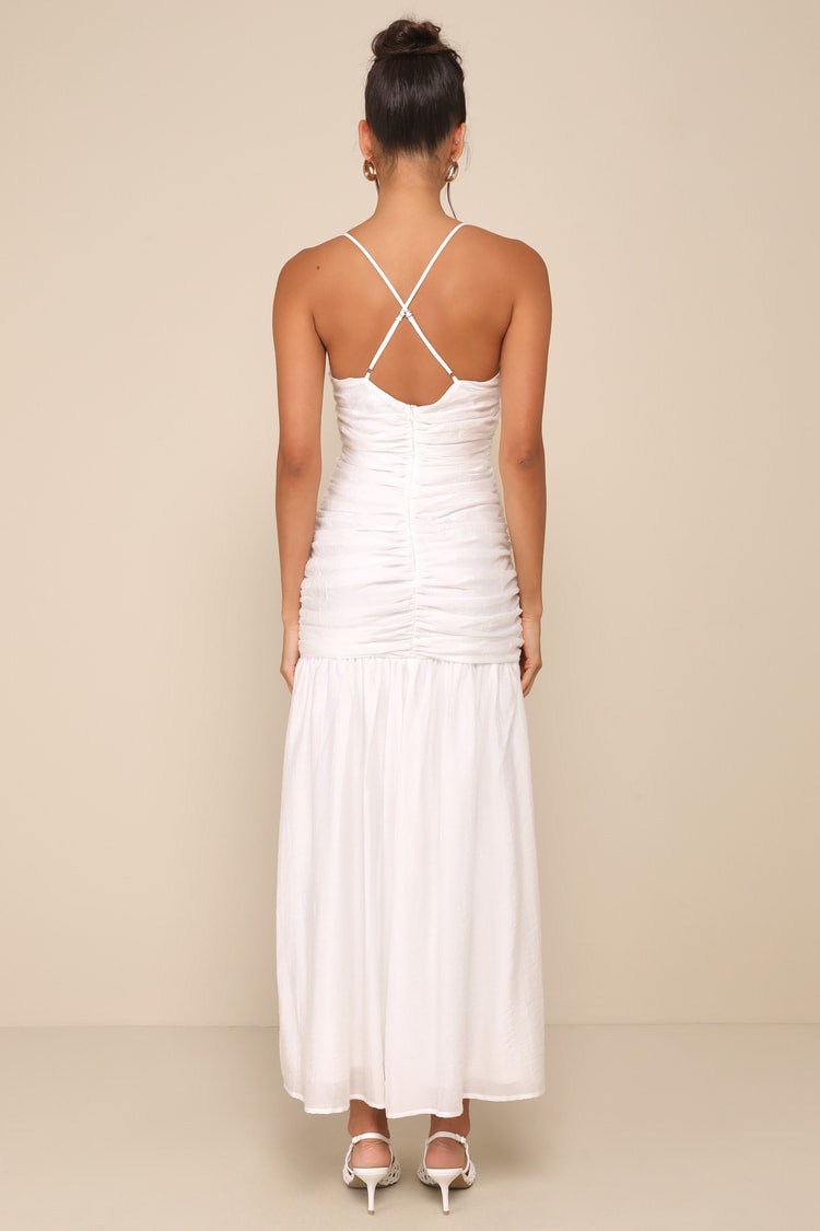 White Ruched Dress - Rosette Drop Waist Dress - Ruched Maxi Dress