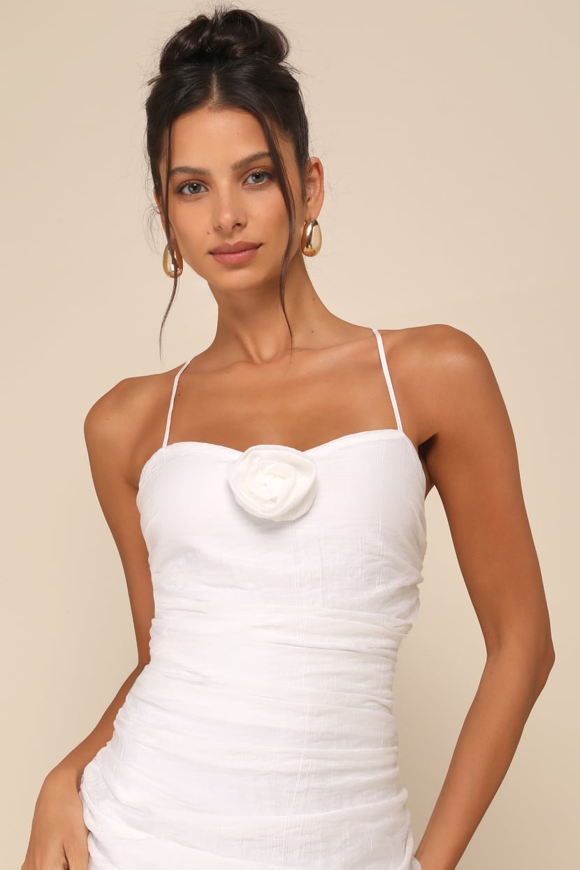 White Ruched Dress - Rosette Drop Waist Dress - Ruched Maxi Dress