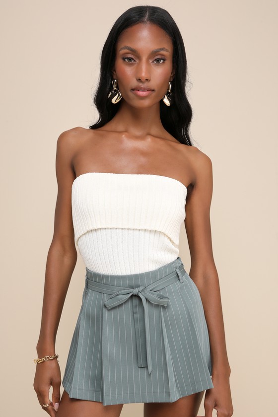 LULUS BOUND TO CHARM SAGE GREEN PINSTRIPED PLEATED HIGH-RISE SKORT