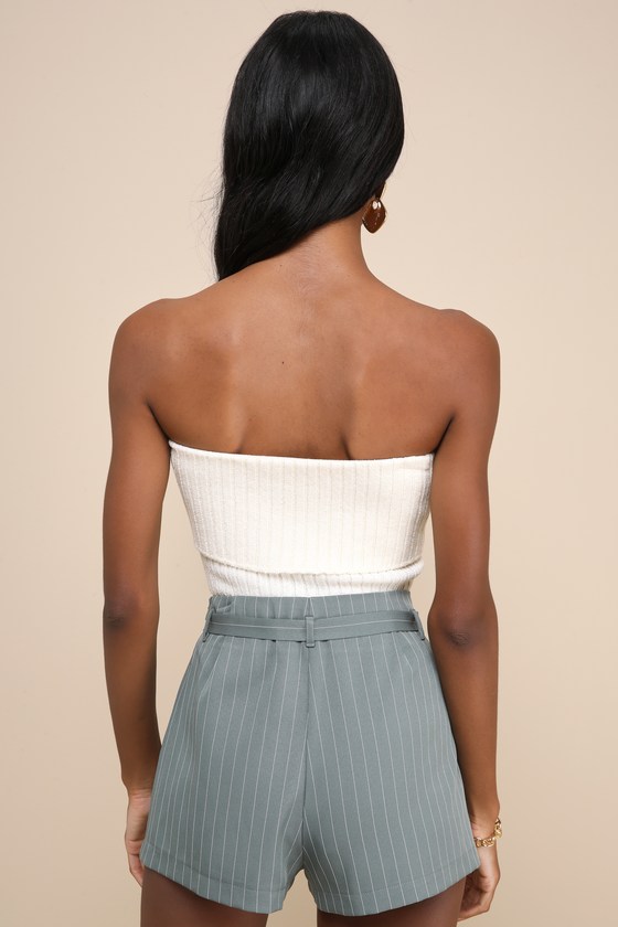 LULUS BOUND TO CHARM SAGE GREEN PINSTRIPED PLEATED HIGH-RISE SKORT