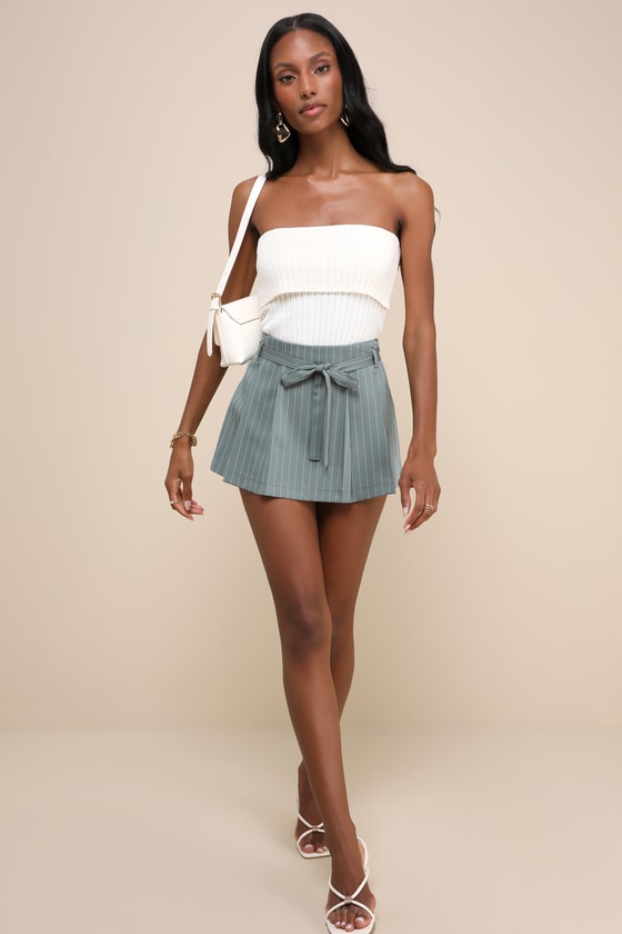 LULUS BOUND TO CHARM SAGE GREEN PINSTRIPED PLEATED HIGH-RISE SKORT