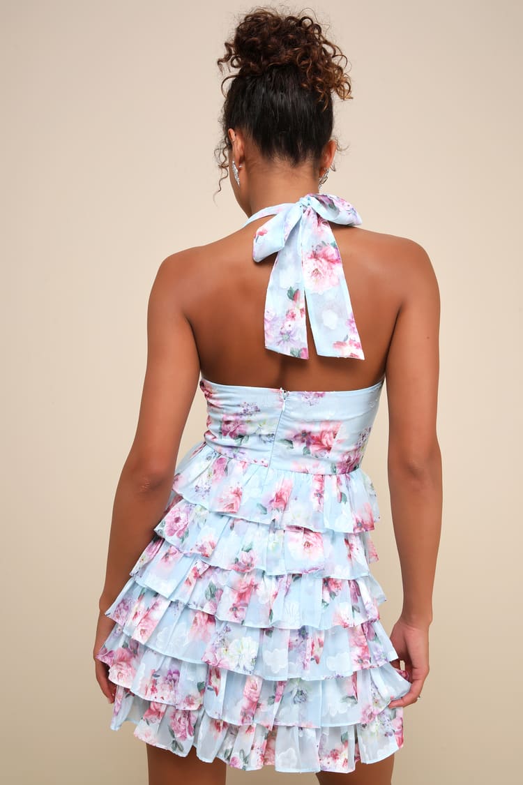 Trending Adorable Light Blue Floral Tiered Halter Mini Dress