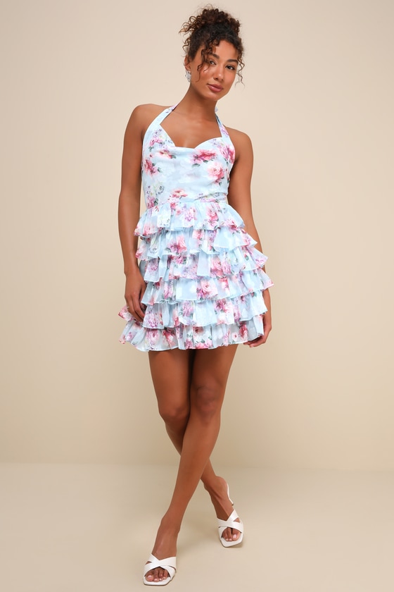 Light Blue Floral Dress - Tiered Dress - Cute Halter Mini