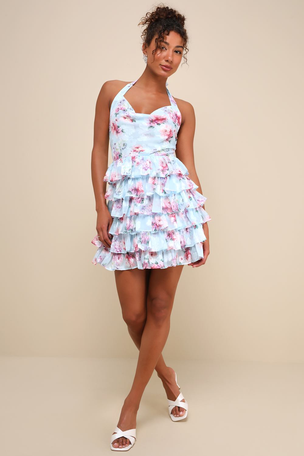 Trending Adorable Light Blue Floral Tiered Halter Mini Dress