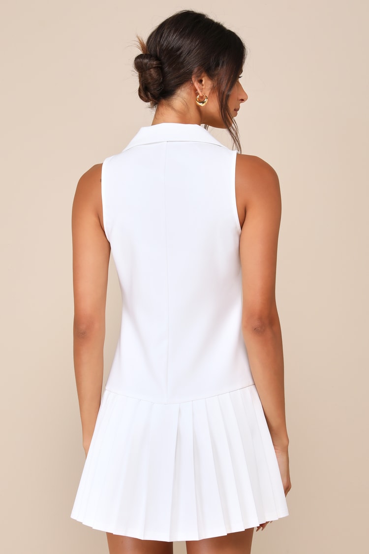 Posh Vision White Sleeveless Blazer Pleated Mini Dress