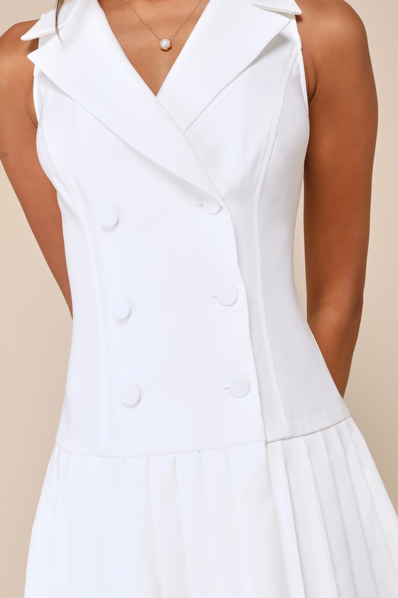 Lulus Posh Vision White Sleeveless Blazer Pleated Mini Dress In White