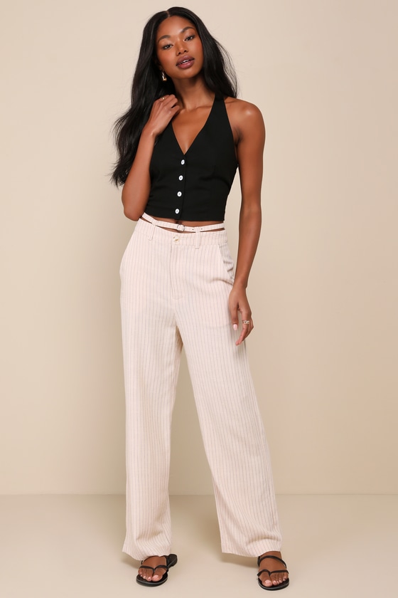 Lulus Effortless Time Beige Striped Linen High-rise Wide-leg Pants In Beige