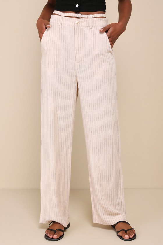 Lulus Effortless Time Beige Striped Linen High-rise Wide-leg Pants In Beige