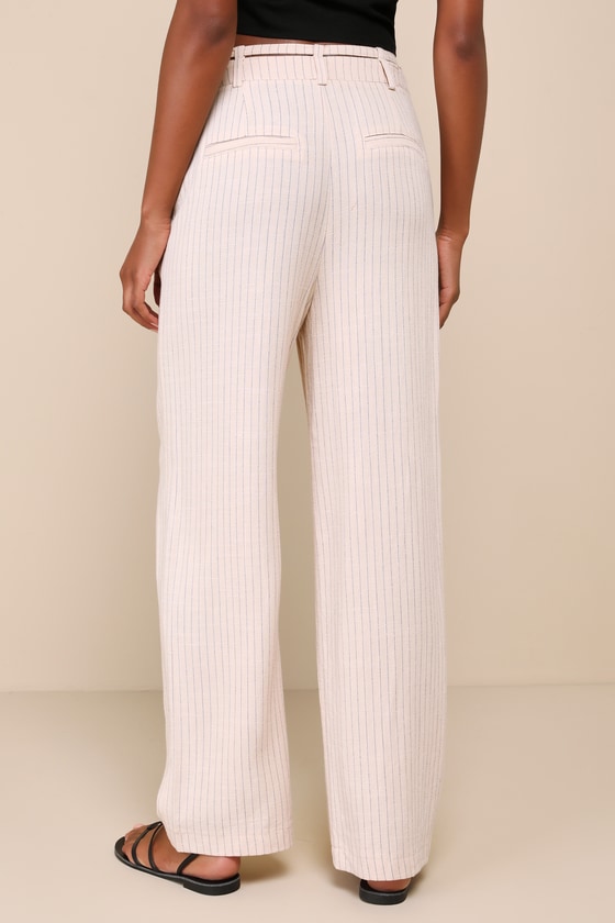 Lulus Effortless Time Beige Striped Linen High-rise Wide-leg Pants In Beige
